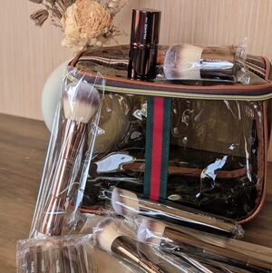 Transparent Brown Designer Cosmetic Bag With Set Of Brushes